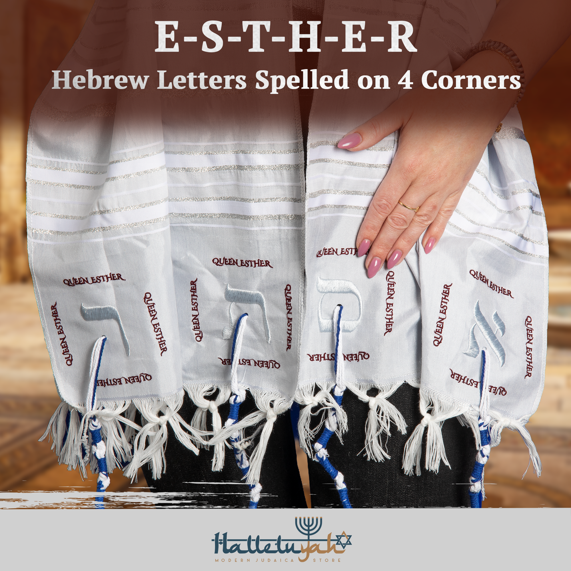 HalleluYAH Queen Esther Tallit Prayer Shawl 72"x 22" with Bag | Designed in Israel