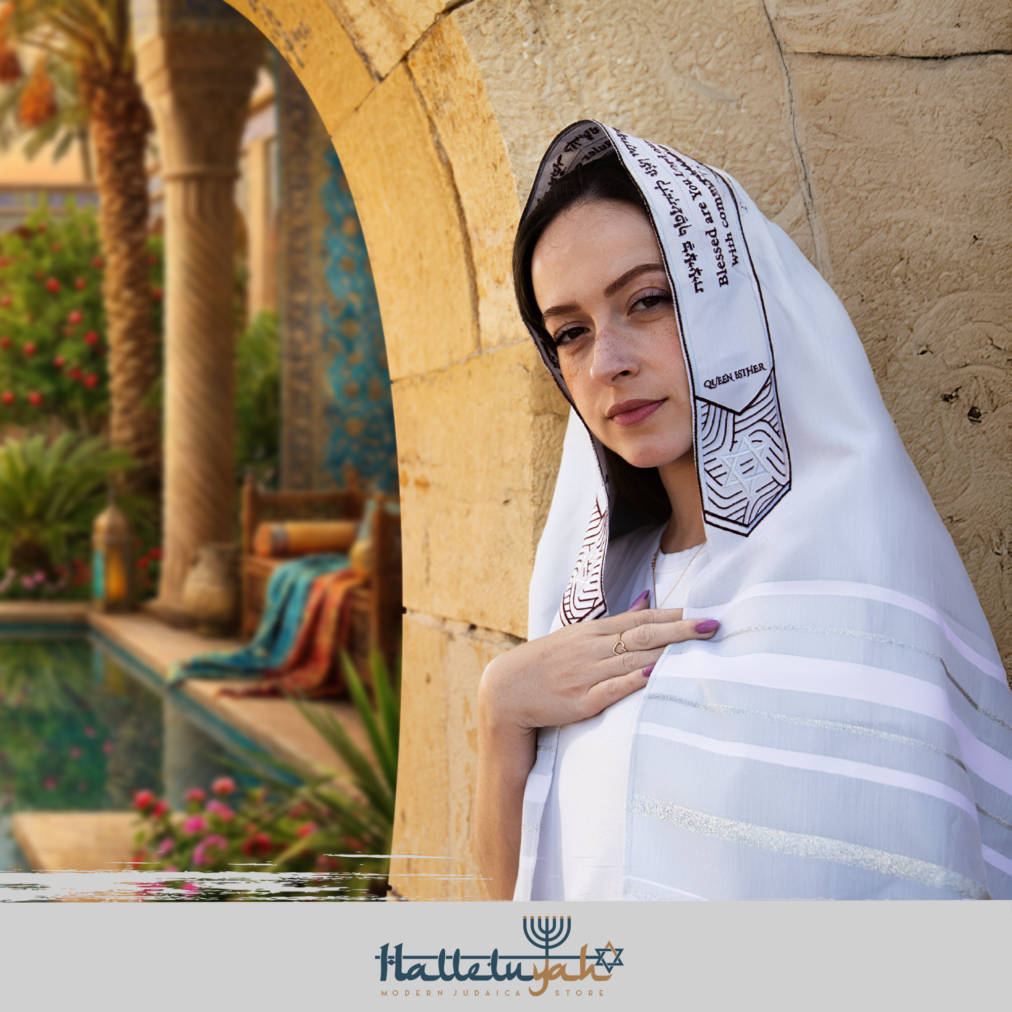 HalleluYAH Queen Esther Tallit Prayer Shawl 72"x 22" with Bag | Designed in Israel