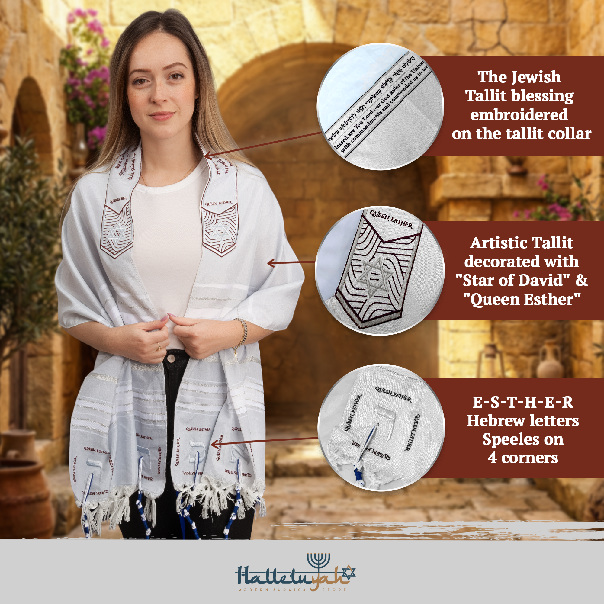 HalleluYAH Queen Esther Tallit Prayer Shawl 72"x 22" with Bag | Designed in Israel
