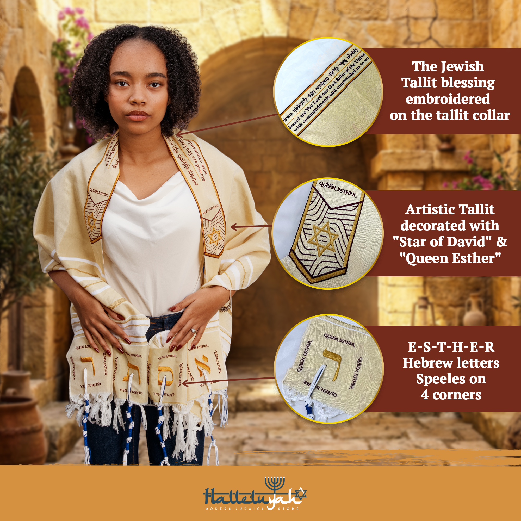 HalleluYAH Queen Esther Tallit Prayer Shawl 72"x 22" with Bag | Designed in Israel