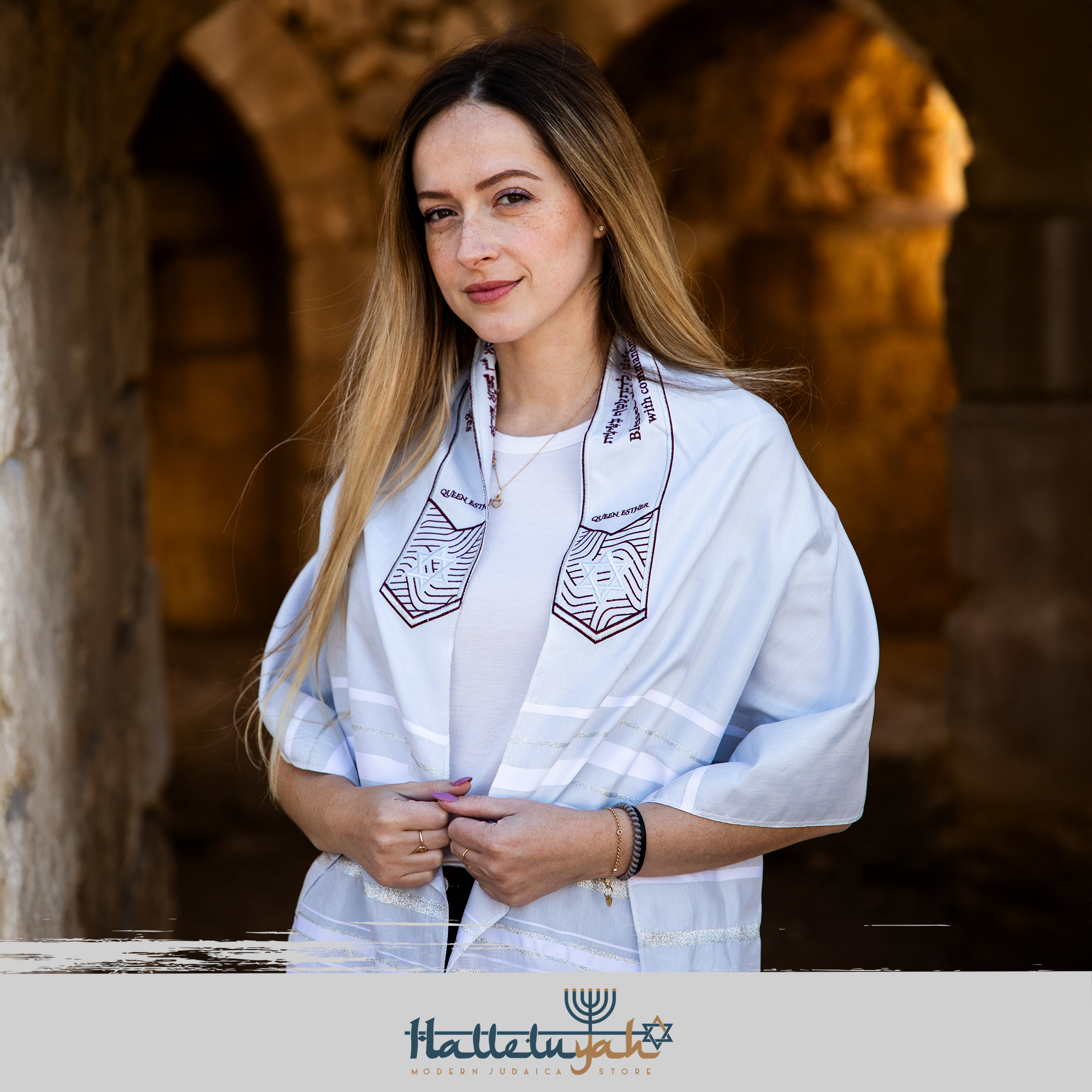 HalleluYAH Queen Esther Tallit Prayer Shawl 72"x 22" with Bag | Designed in Israel