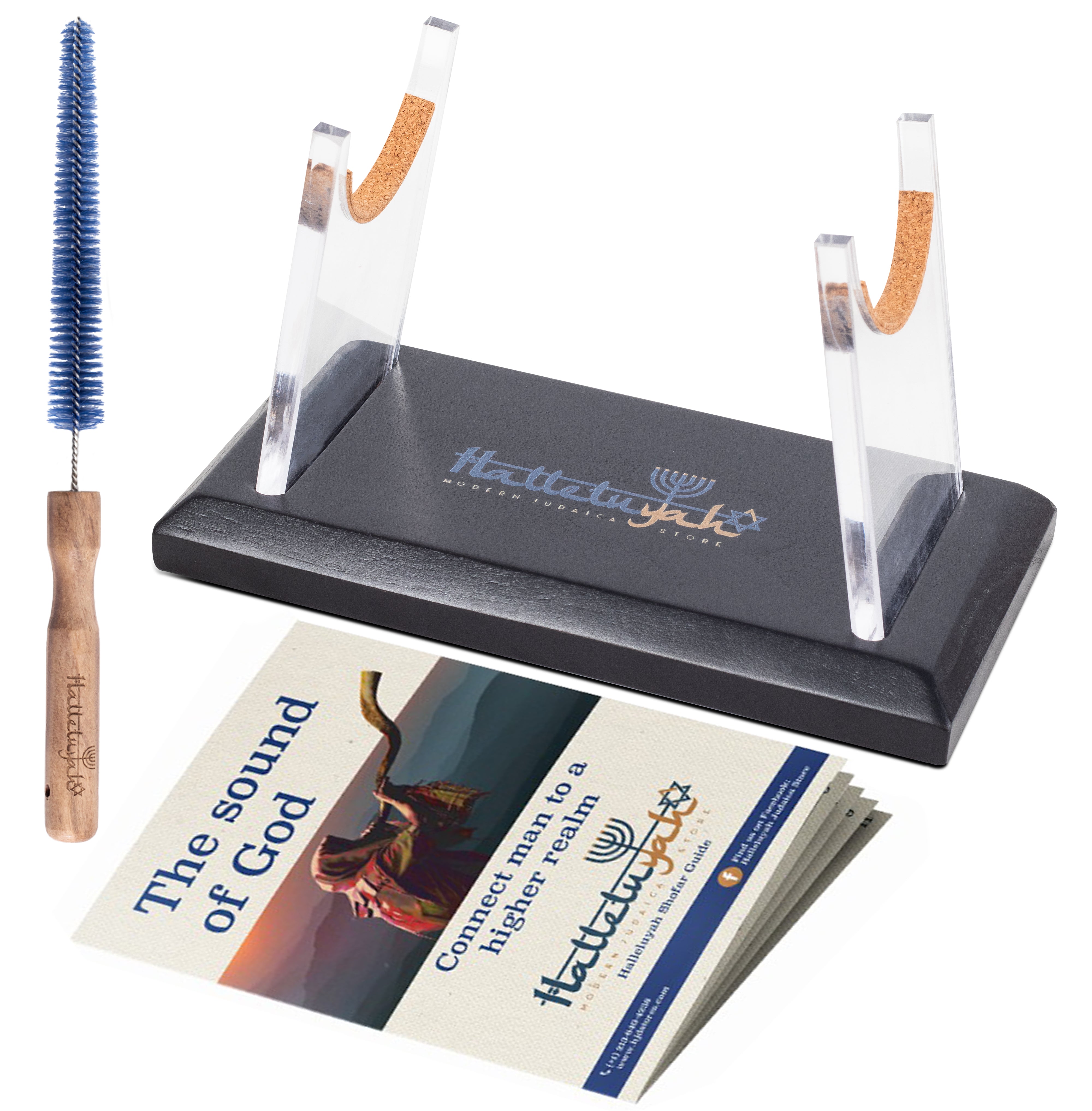 HalleluYAH Ram Shofar Stand - with Shofar Cleaning Brush, Shofar Blowing Guide | Fits Horn Kosher Yemenite Shofars - Ram Full-Polished, Half-Polished - halleluyah